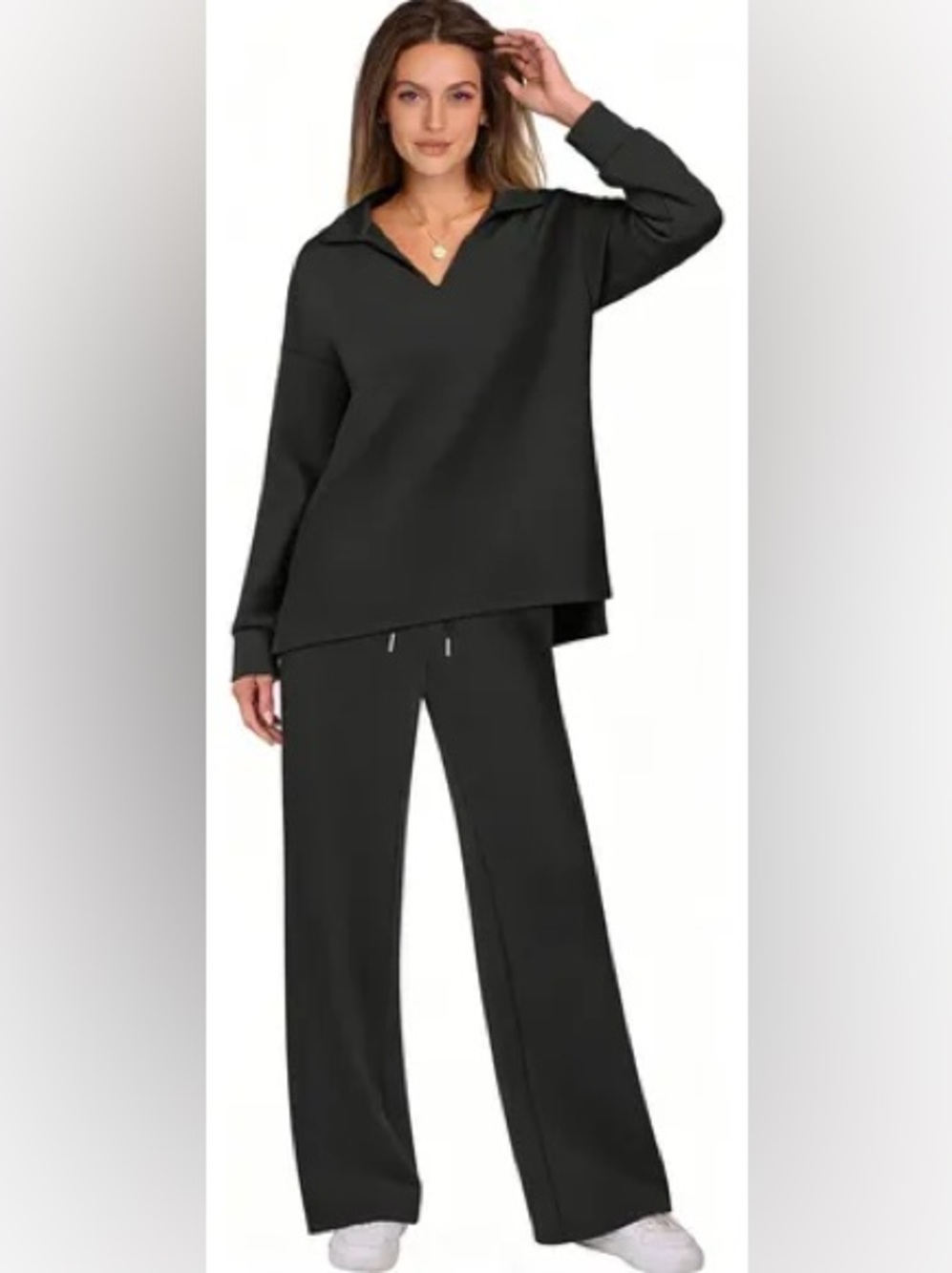 New Boutique Women's Black Lounge Set - Relaxed V-Neck Top & Wide-Leg Pants